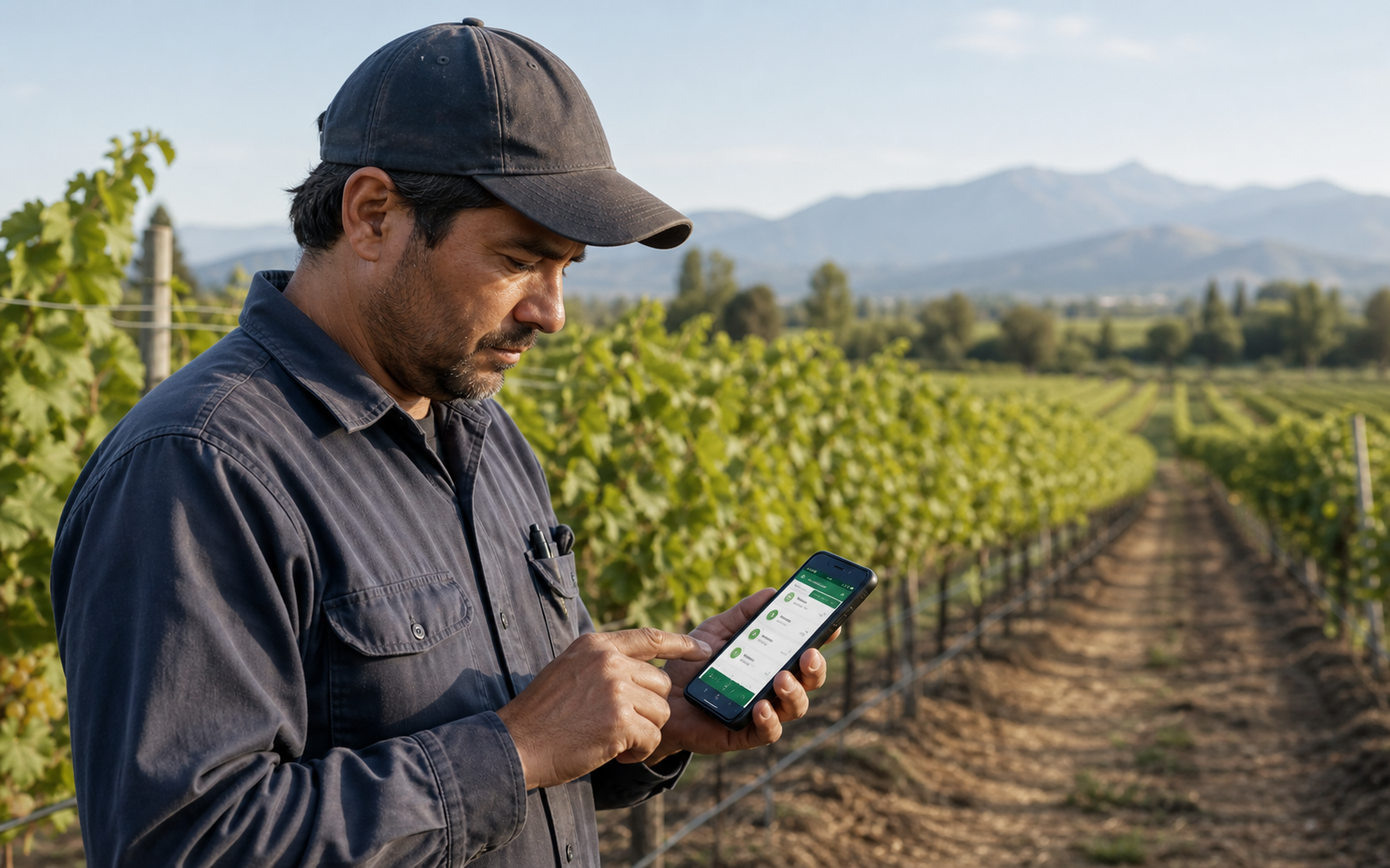 Operador de campo usando una app móvil de Apps del Sur en terreno