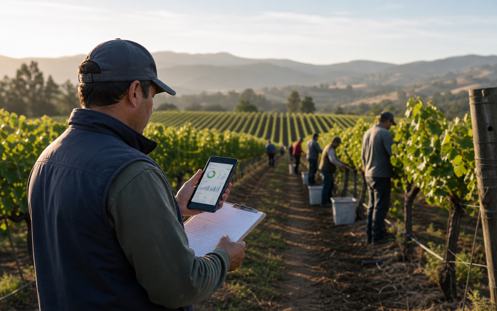 Jefe de campo en viña chilena usando cuaderno de campo digital para registrar mano de obra y costos por hectárea